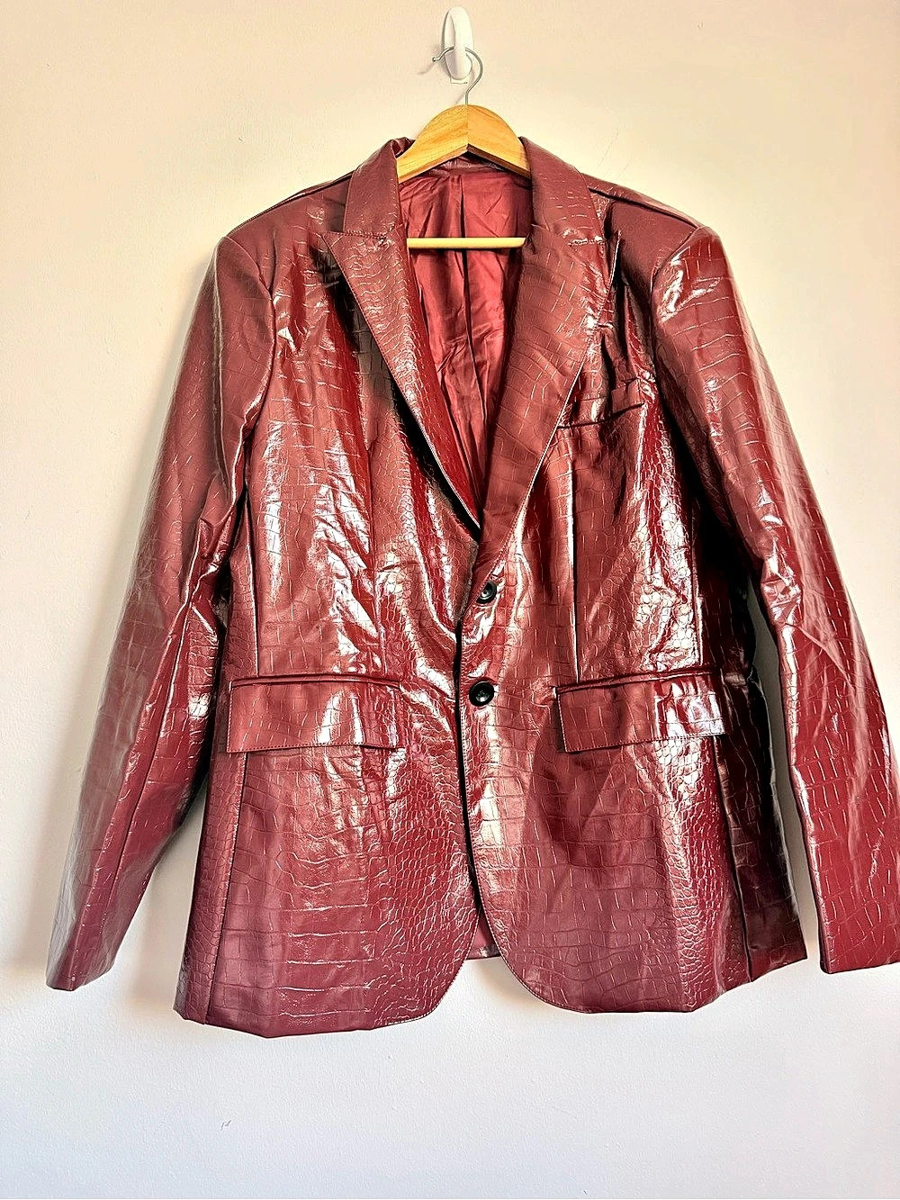 NWOT Premium Croc-Embossed Faux Leather Blazer Jacket • Rich Wine XL